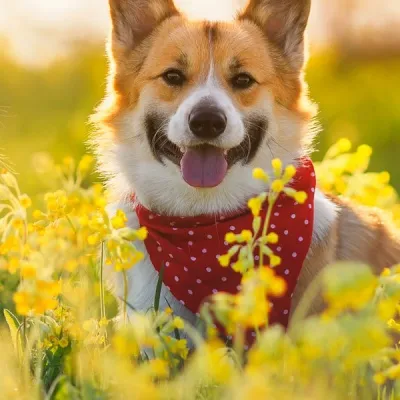 Dog with red scarf among flowers