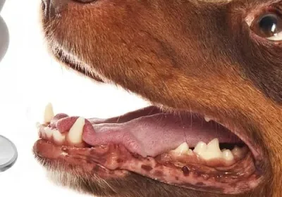 Curious dog facing robot