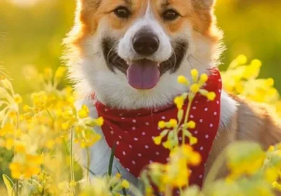 Dog with red scarf among flowers